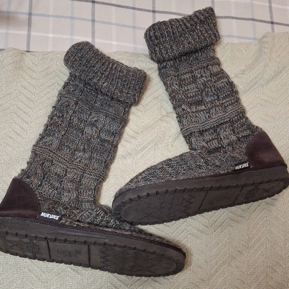 Muk Luks Cable Knit Tall Slouch Boots - Brown Gray